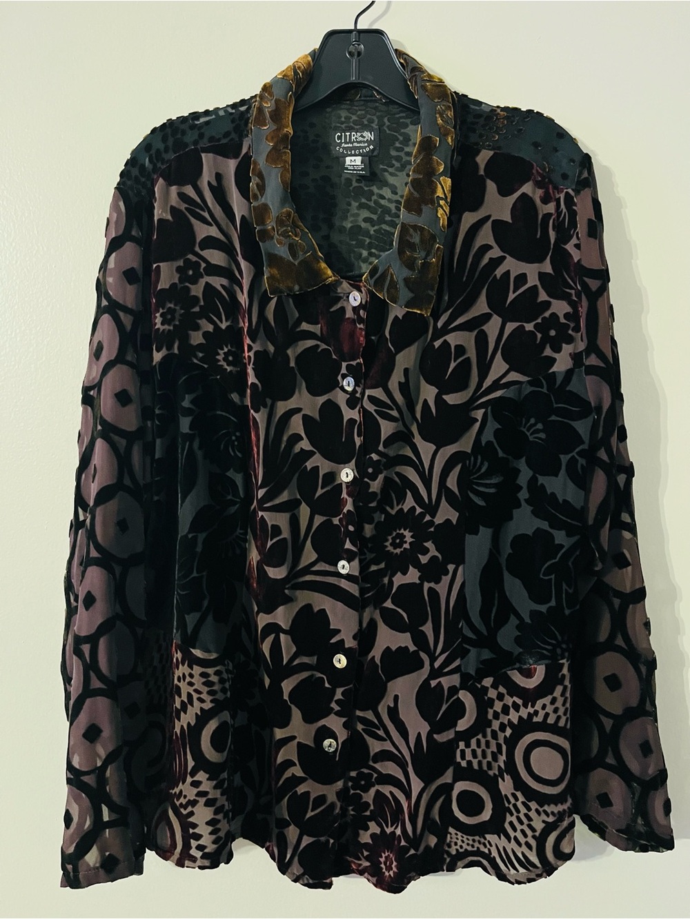 Y2K Citron Santa Monica Velvet Burnout Patchwork Floral Blouse Silk Blend Sz M